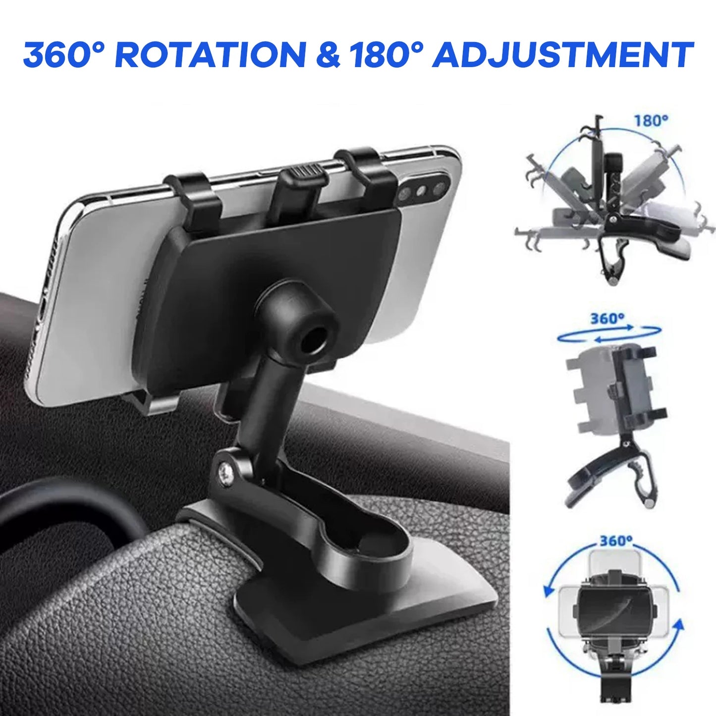 360° Rotating Car Phone Mount - Universal Dashboard Clip Holder with Adjustable Stand for Hands-Free GPS Navigation