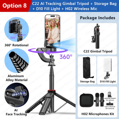 AI Tracking Desktop Gimbal Tripod with Extendable Selfie Stick - 360° Auto-Tracking for Mobile Phones & Vlogging