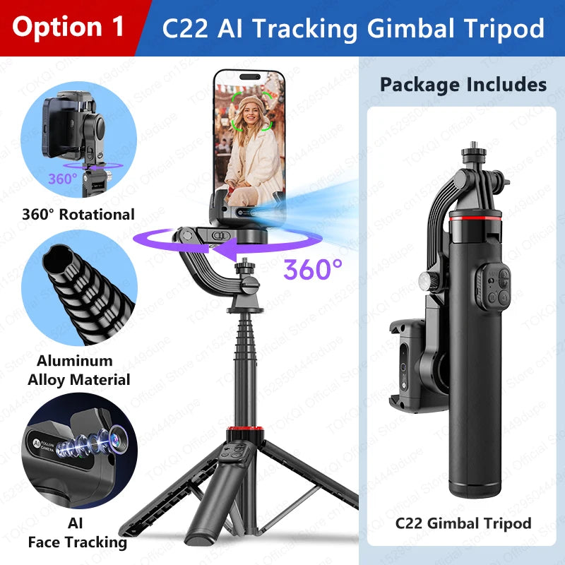 AI Tracking Desktop Gimbal Tripod with Extendable Selfie Stick - 360° Auto-Tracking for Mobile Phones & Vlogging