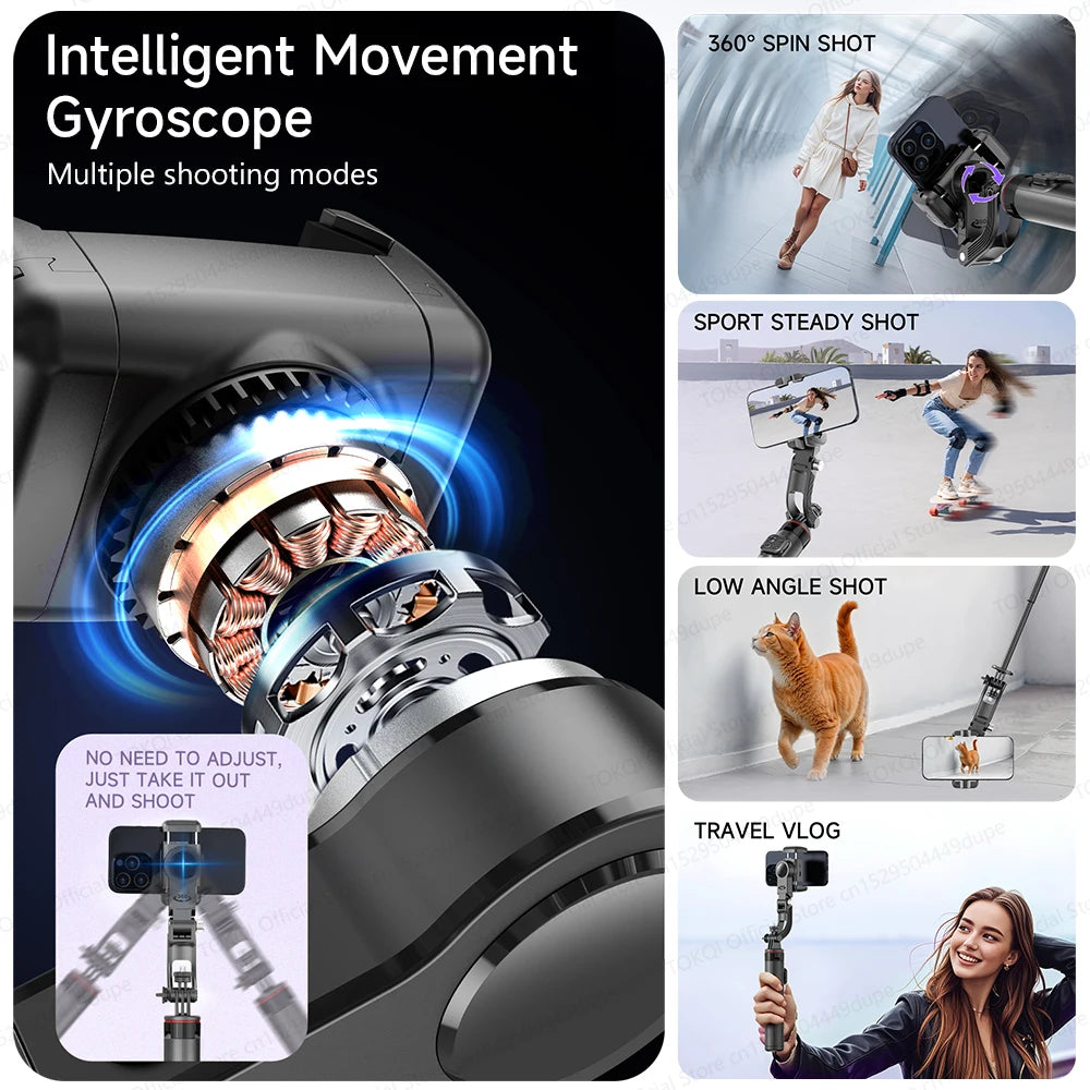 AI Tracking Desktop Gimbal Tripod with Extendable Selfie Stick - 360° Auto-Tracking for Mobile Phones & Vlogging