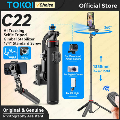 AI Tracking Desktop Gimbal Tripod with Extendable Selfie Stick - 360° Auto-Tracking for Mobile Phones & Vlogging