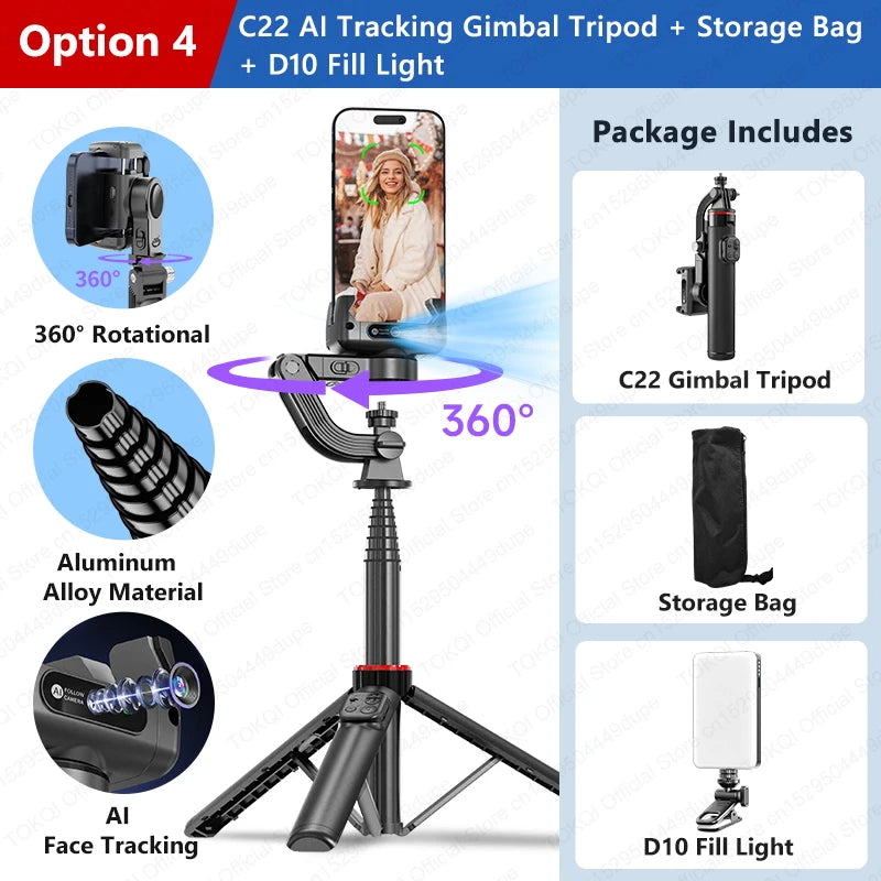AI Tracking Desktop Gimbal Tripod with Extendable Selfie Stick - 360° Auto-Tracking for Mobile Phones & Vlogging