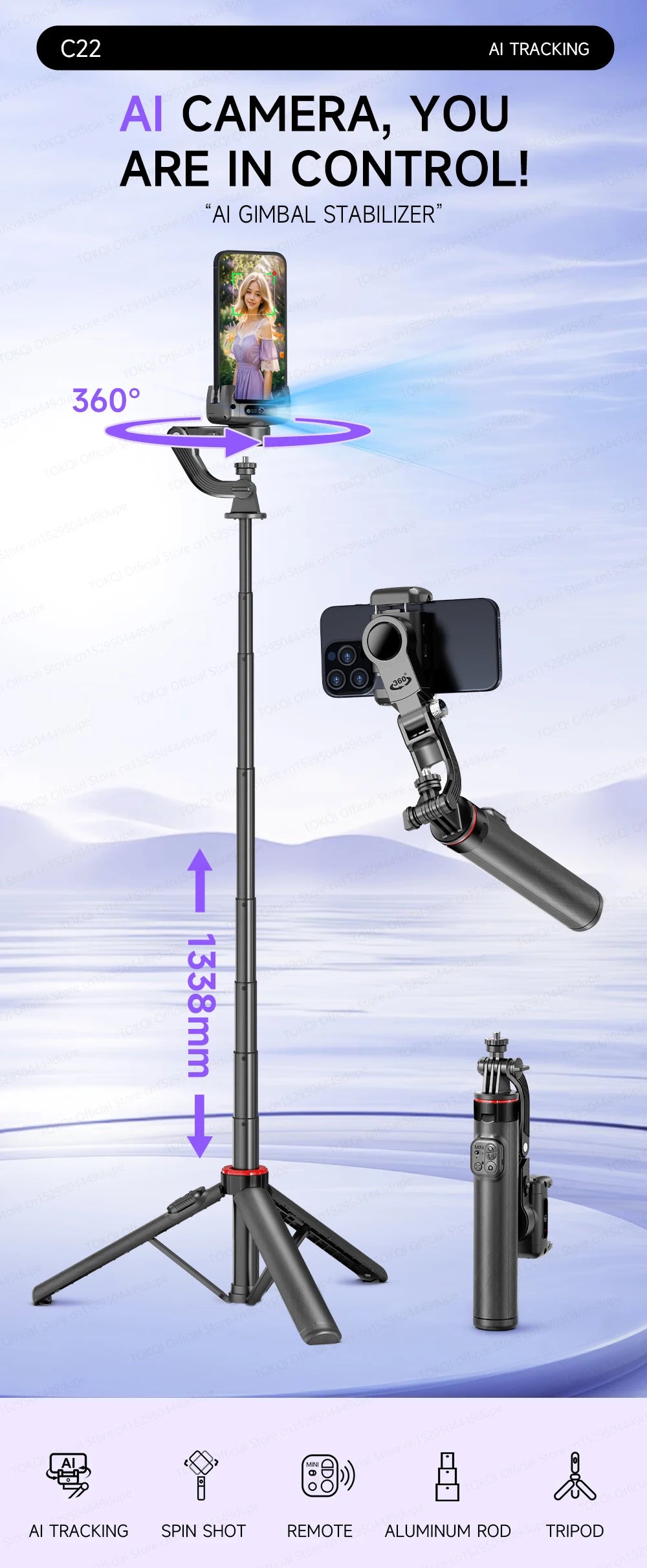 AI Tracking Desktop Gimbal Tripod with Extendable Selfie Stick - 360° Auto-Tracking for Mobile Phones & Vlogging