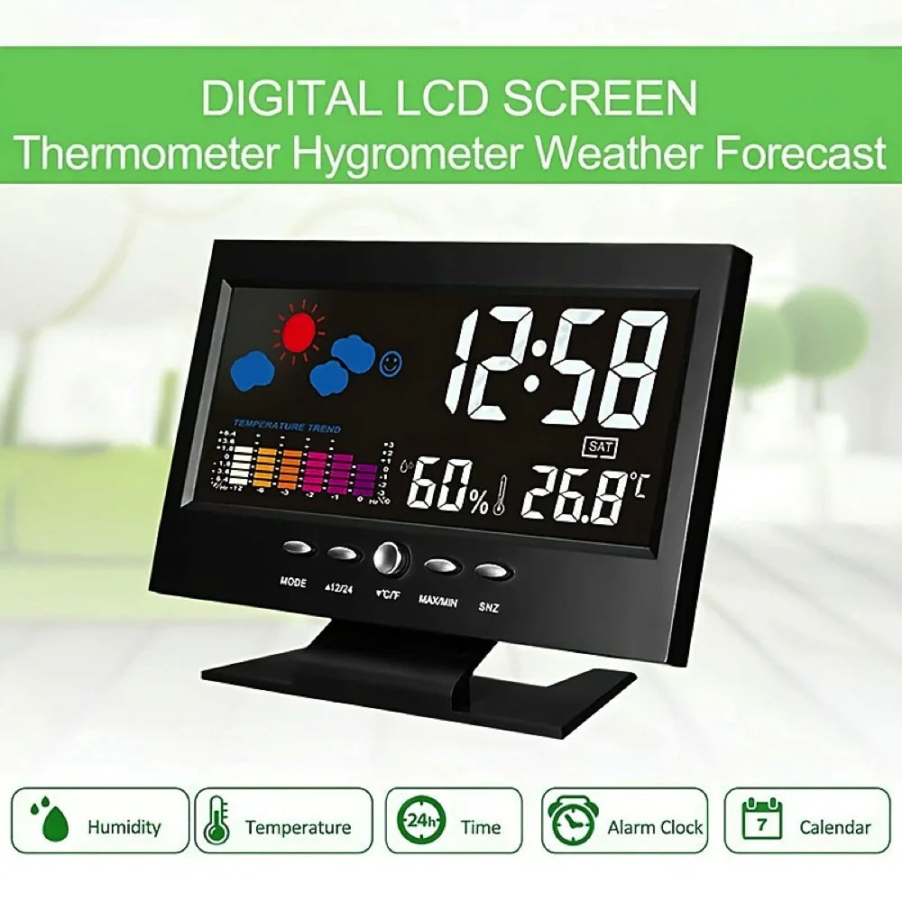Smart Weather Clock - Digital Display with Temperature, Humidity & Voice-Activated Backlight