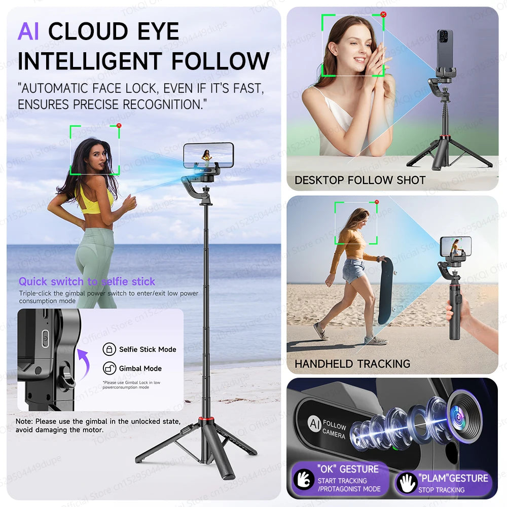 AI Tracking Desktop Gimbal Tripod with Extendable Selfie Stick - 360° Auto-Tracking for Mobile Phones & Vlogging