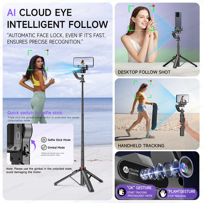 AI Tracking Desktop Gimbal Tripod with Extendable Selfie Stick - 360° Auto-Tracking for Mobile Phones & Vlogging