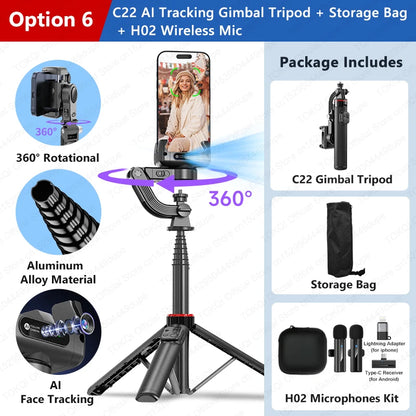AI Tracking Desktop Gimbal Tripod with Extendable Selfie Stick - 360° Auto-Tracking for Mobile Phones & Vlogging