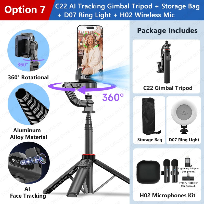 AI Tracking Desktop Gimbal Tripod with Extendable Selfie Stick - 360° Auto-Tracking for Mobile Phones & Vlogging