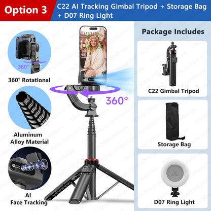 AI Tracking Desktop Gimbal Tripod with Extendable Selfie Stick - 360° Auto-Tracking for Mobile Phones & Vlogging