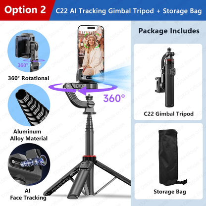 AI Tracking Desktop Gimbal Tripod with Extendable Selfie Stick - 360° Auto-Tracking for Mobile Phones & Vlogging