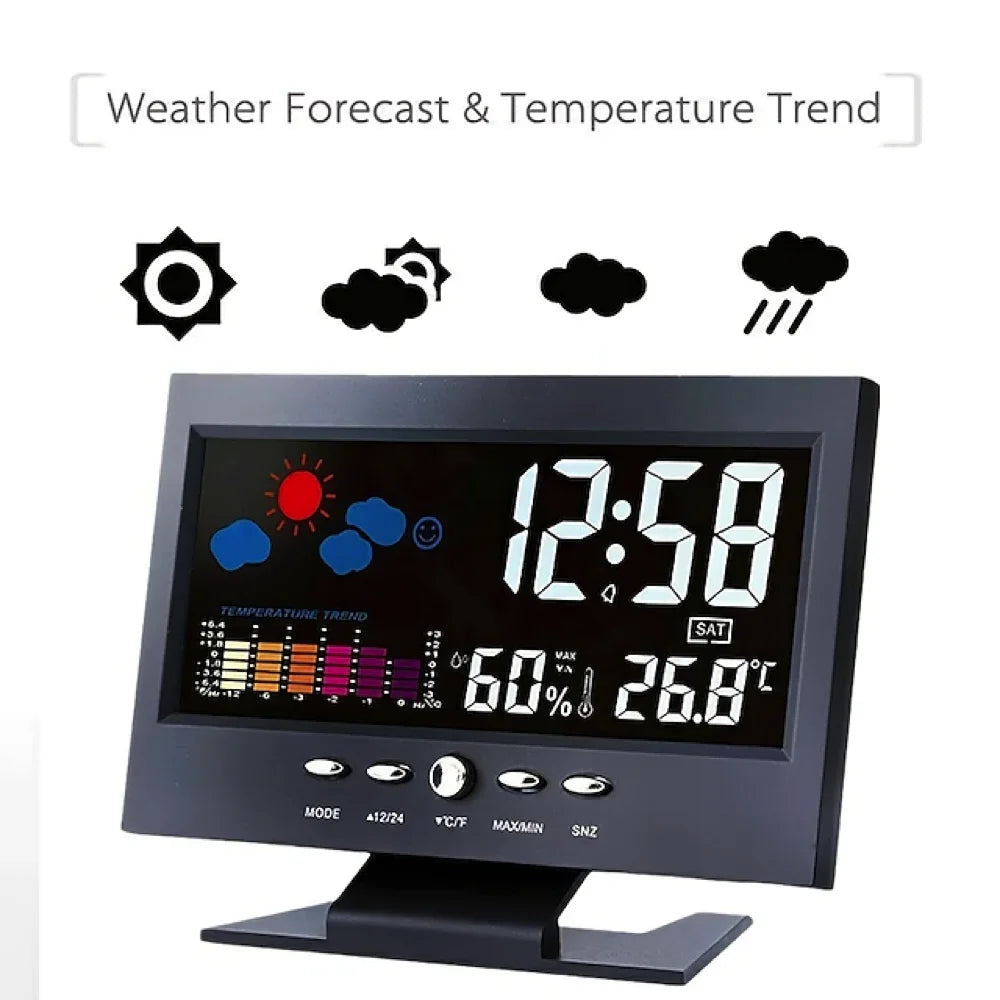 Smart Weather Clock - Digital Display with Temperature, Humidity & Voice-Activated Backlight